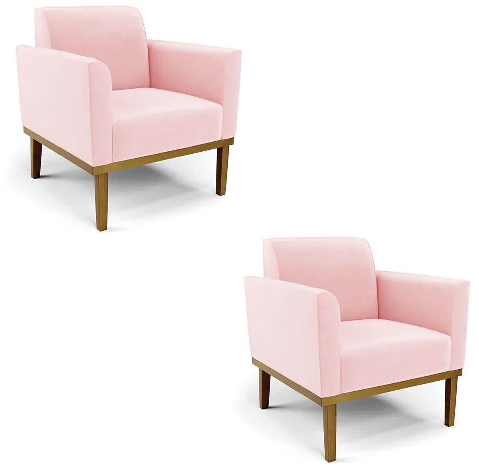 Kit 2 Poltronas Decorativas Isabella Pés Fixo em Madeira Castanho Suede Rosa Bebê G19 - Gran Belo