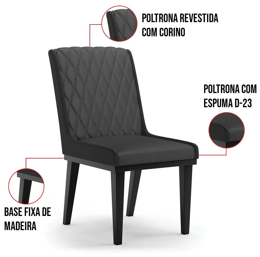 Cadeira Sala de Jantar Base Madeira Preto kit 4 Sofia Sintético D03 - D'Rossi - Preto