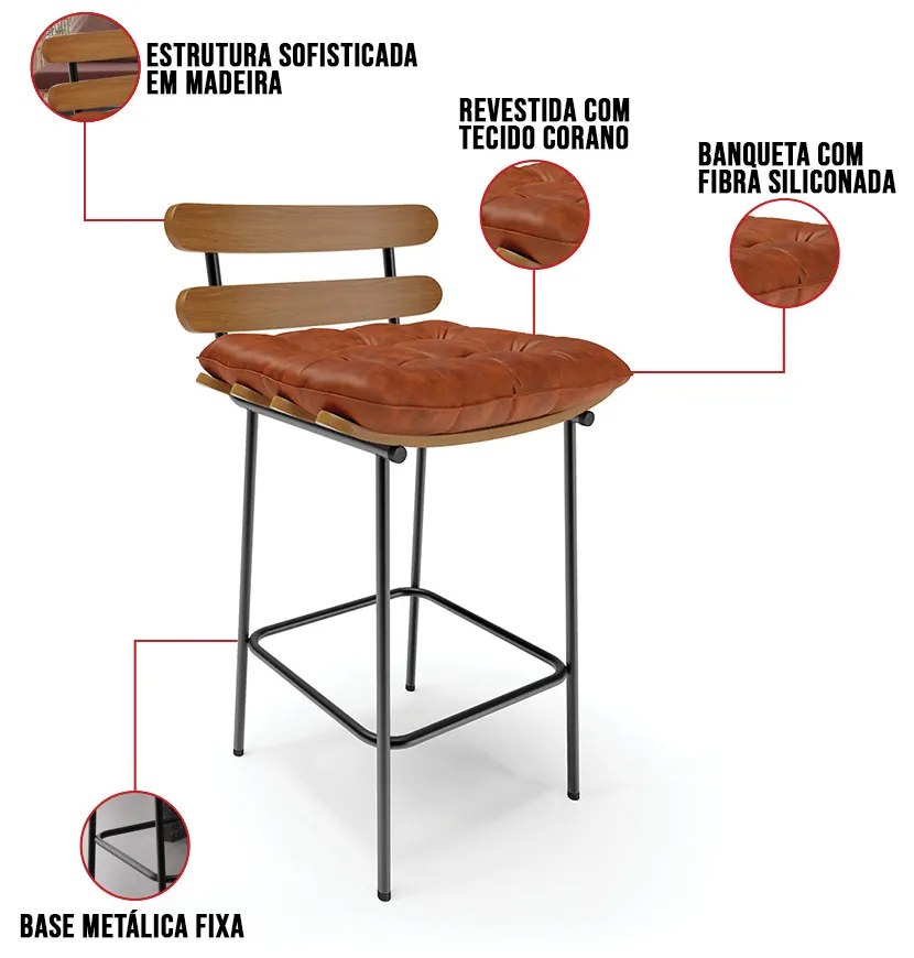 Banqueta Costela Corano Base Metálica Preto M11 - D'Rossi - Nozes