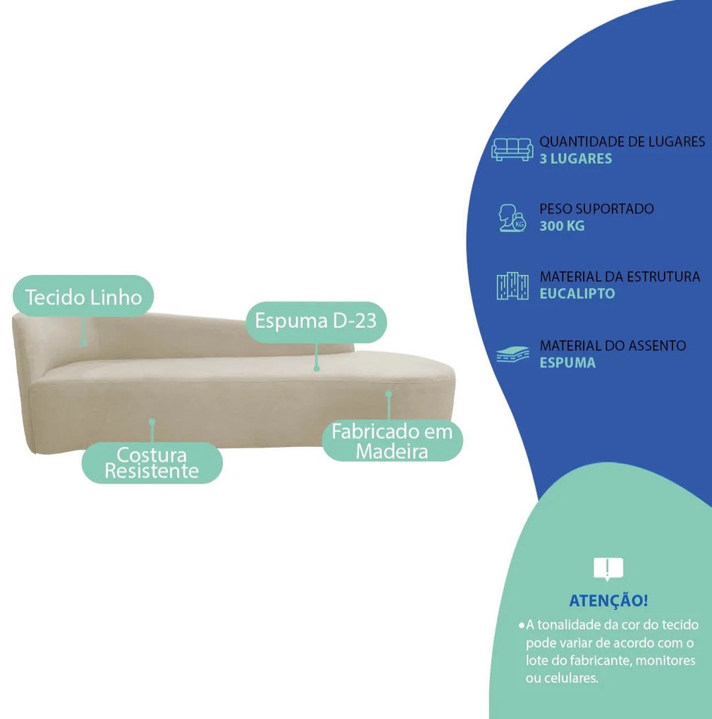 Kit Sofá Curvo França 200cm LD. e 2 Poltronas Luiza Max Conforto, Elegância e Design Moderno Linho
