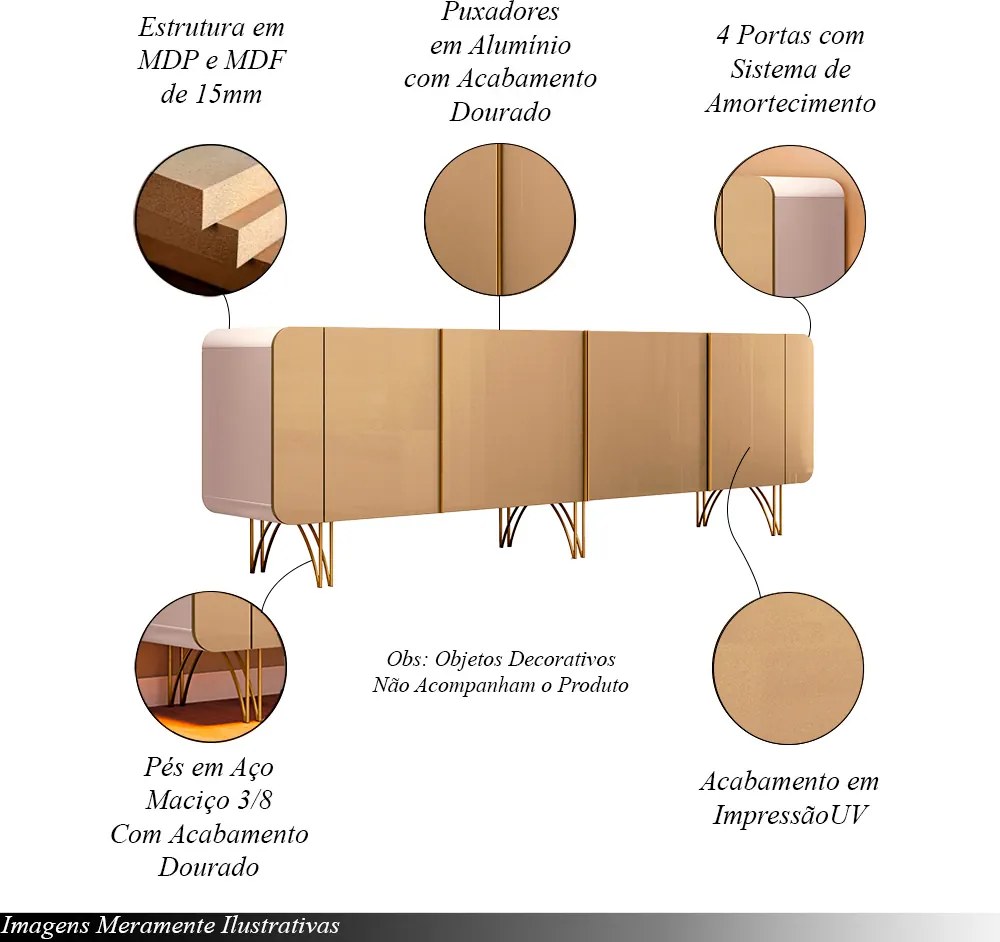 Conjunto Buffets Bambino/Virginia Sala de Estar MDP/MDF Pés Aço Off White/Champagne G26 - Gran Belo