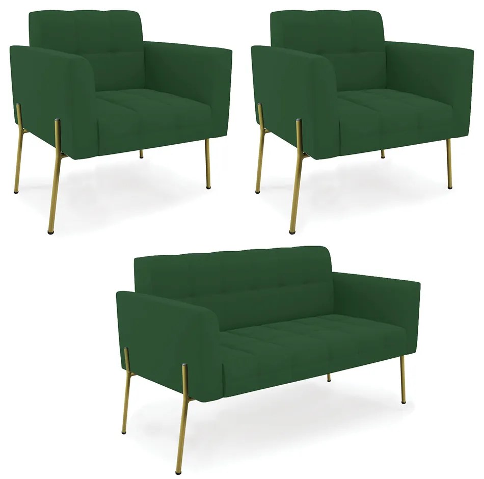 Sofá Namoradeira e 2 Poltronas Pé de Ferro Dourado Elisa Veludo D03 - D'Rossi - Verde