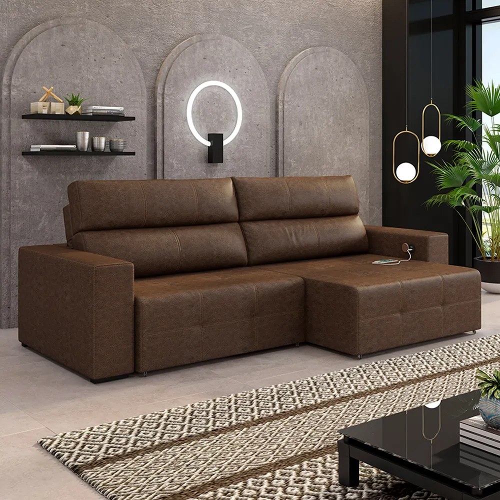 Sofá Retrátil 4 Lugares 264cm 2 Módulos Nero com USB Couro Manchado G52 - Gran Belo