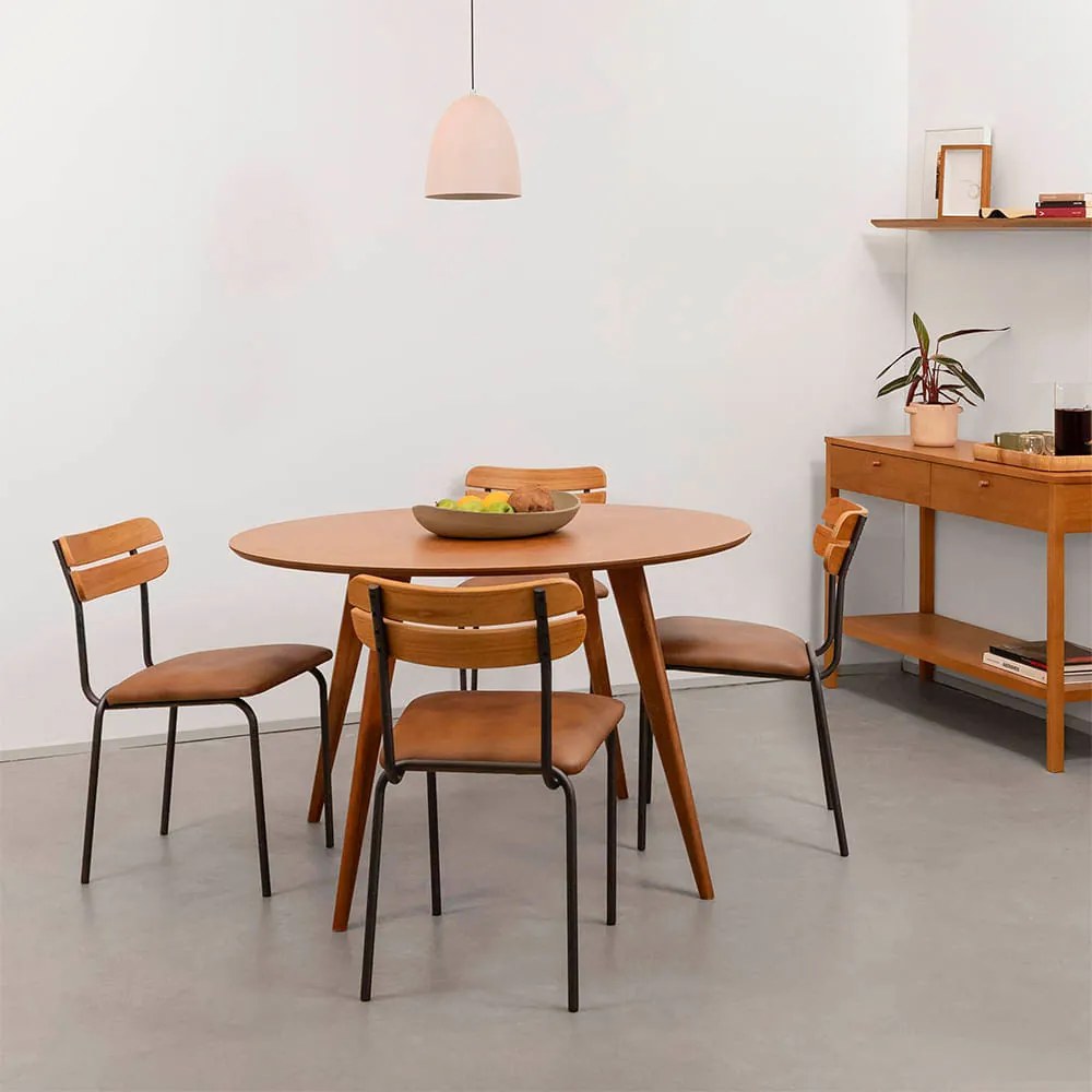 Conjunto Mesa de Jantar Square Redonda Louro Freijó - 1,08m + 4 Cadeiras Ribs PU - Caramelo