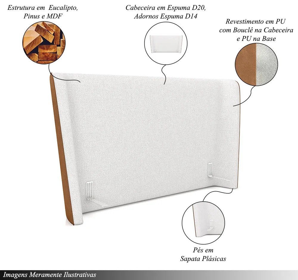 Cabeceira Design para Cama de Casal Torres Pés em Madeira PU/Bouclê Caramelo/Off White G91 - Gran Belo