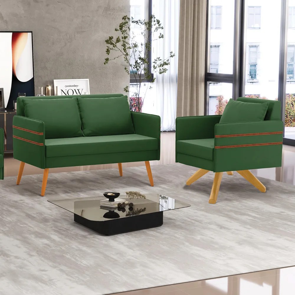 Kit 01 Namoradeira 02 Lugares e 01 Poltrona Mari Suede Base de Madeira MA30 - D'Rossi - Verde