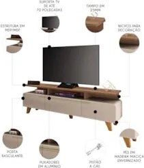 Rack Bancada de TV 70 Pol 200cm Amago H01 Castanho/Off - Mpozenato