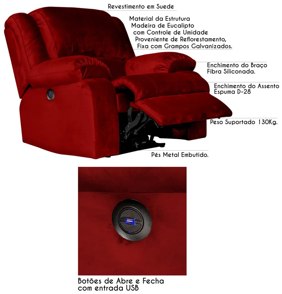 Poltrona do Papai Reclinável Elétrica com Entrada USB Magnum Veludo Vermelho G23 - Gran Belo