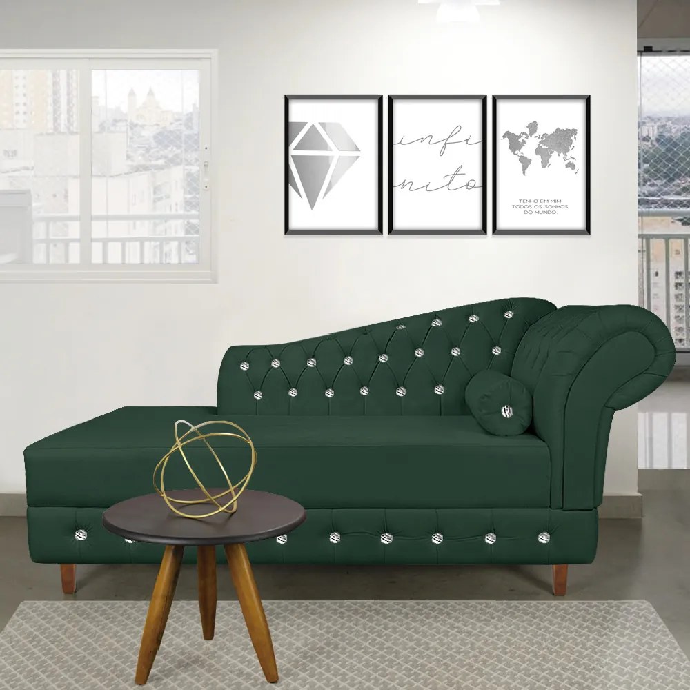 Divã Chesterfield 165 cm Capitonado com Strass Suede D'Rossi - Verde