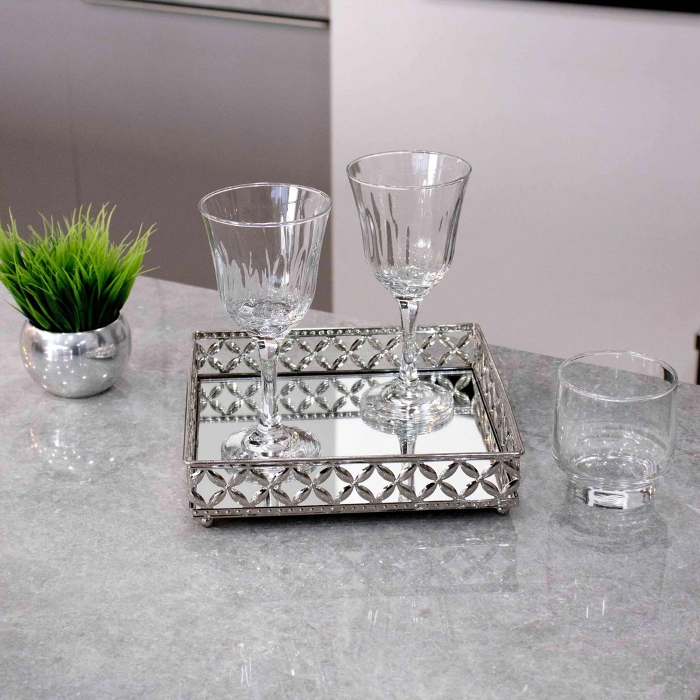 Bandeja Decorativa Quadrada em Metal Prata com Espelho 21cm M02 - D'Rossi