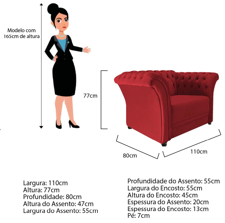 Poltrona Decorativa Chesterfield Sofia Suede Vermelho - ADJ Decor