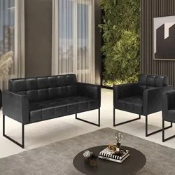 Sofá Namoradeira e 1 Poltrona Base Industrial Preto Ana Sintético PU P