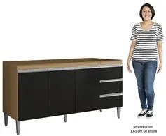 Balcão de Cozinha Para Pia 150cm 3 Gavetas Andréia Amêndoa/Preto - AJL