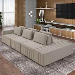 Sofá Ilha e Puff Sala Living 335cm Siesta M22 Veludo Bege - Mpozenato