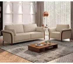 Kit Sofá Living 3 Lugares e Poltrona 102cm Pés Madeira Roya Z32 Linho