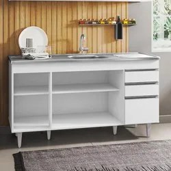 Balcão Gabinete com Pia Inox 150cm 4 Portas 2 Gavetas Marrocos Branco