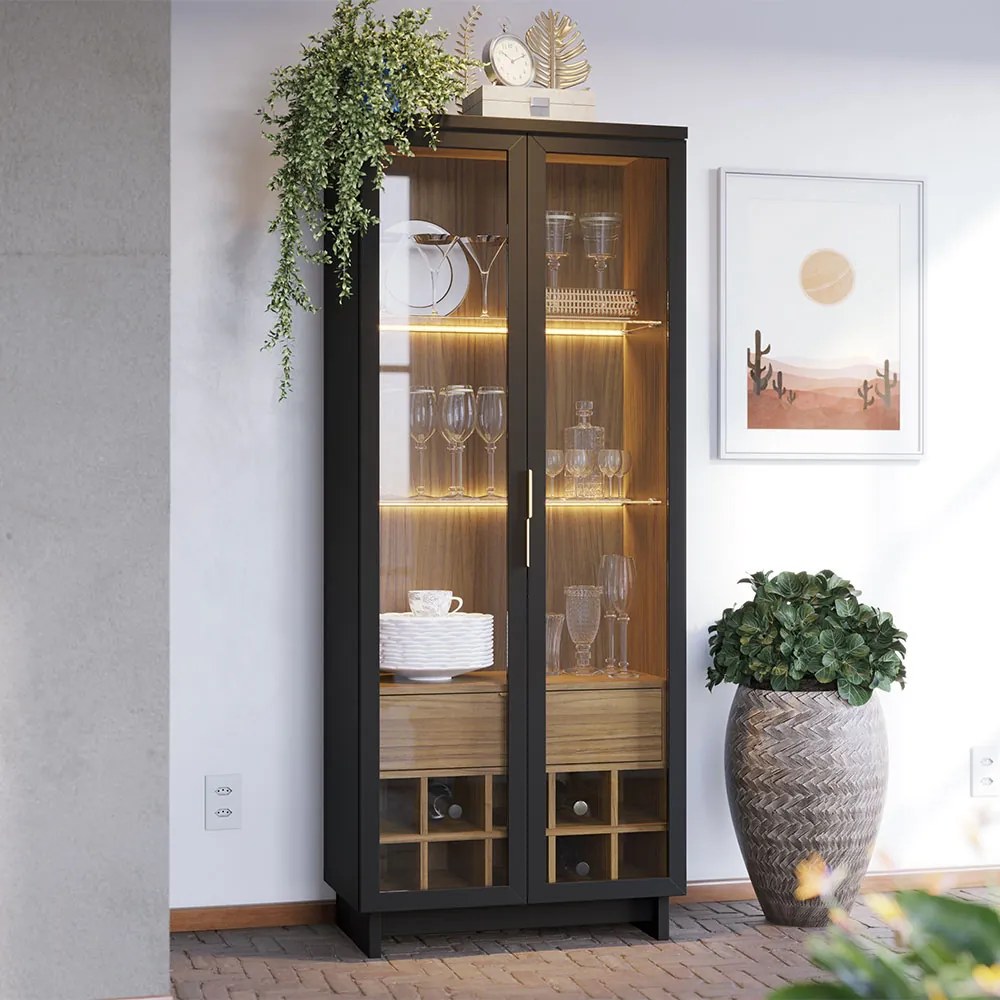 Cristaleira Adega 2 Portas 1 Gaveta Eduarda C04 - D'Rossi - Preto Fosco e Noce Milano