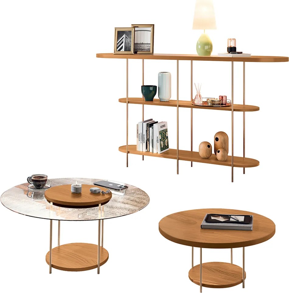 Conjunto Decorativo Aparador e 2 Mesas de Centro Walker Tampo MDF/Vidro Cinamomo G26 - Gran Belo