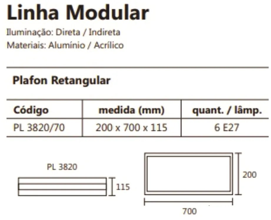 Plafon De Sobrepor Modular Retangular 20X70Cm 06Xe27 Metal E Acrílico... (FN-F - Fendi Fosco)