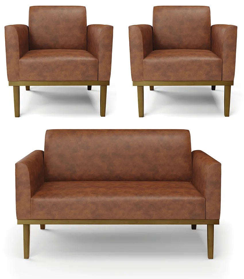 Conjunto 2 Poltronas e 1 Namoradeira Decorativa Isabella Pés Fixo em Madeira Castanho PU Nozes G19 - Gran Belo