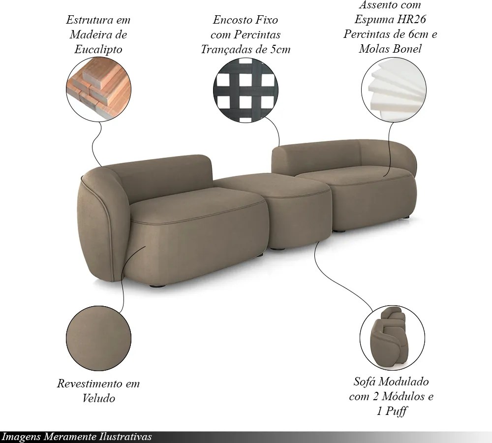 Sofá Versátil Sala de Estar Egito 302cm Modulado Veludo Marrom G52 - Gran Belo