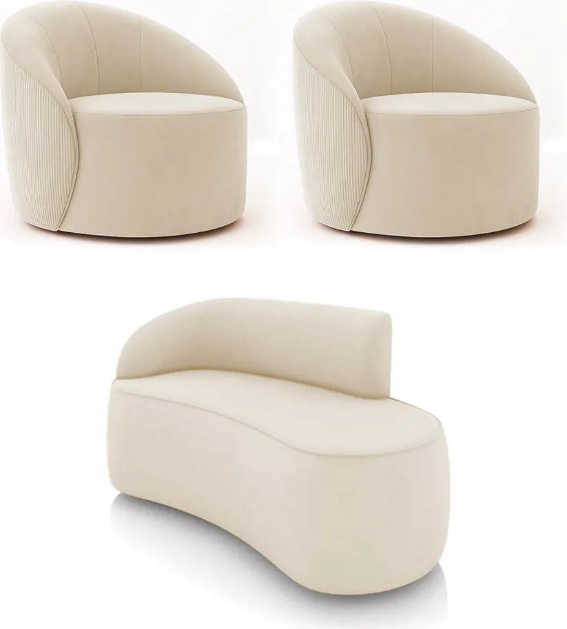 Sofá 2 Lug Orgânico140cm Morgan e 2 Poltronas Giratória Lua Cotelê/Veludo Bege D03 - D'Rossi