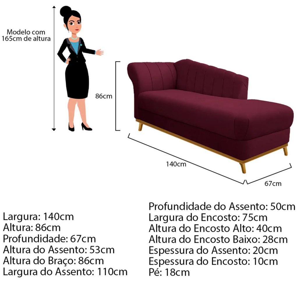 Recamier Vanessa 140cm Lado Direito Suede Bordô - ADJ Decor