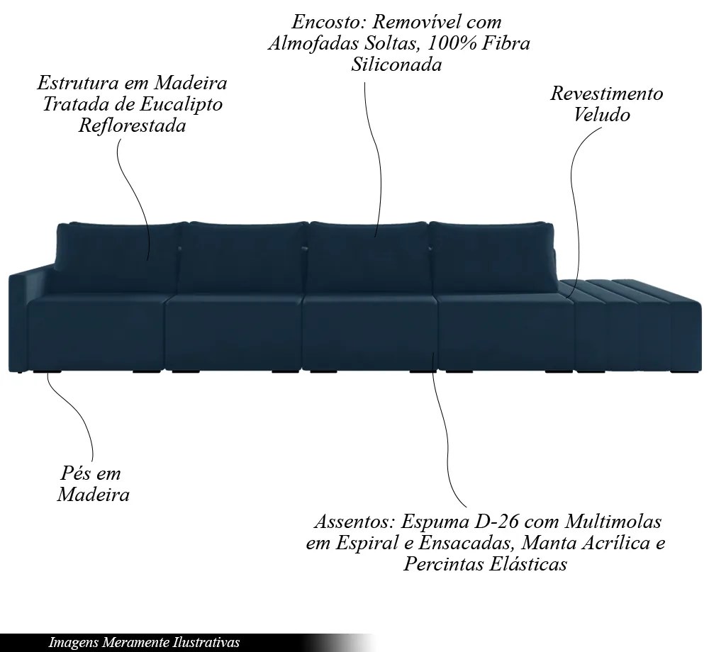 Sofá Ilha Modulado Milos 432cm Puff Lateral Veludo Azul Marinho G33 - Gran Belo