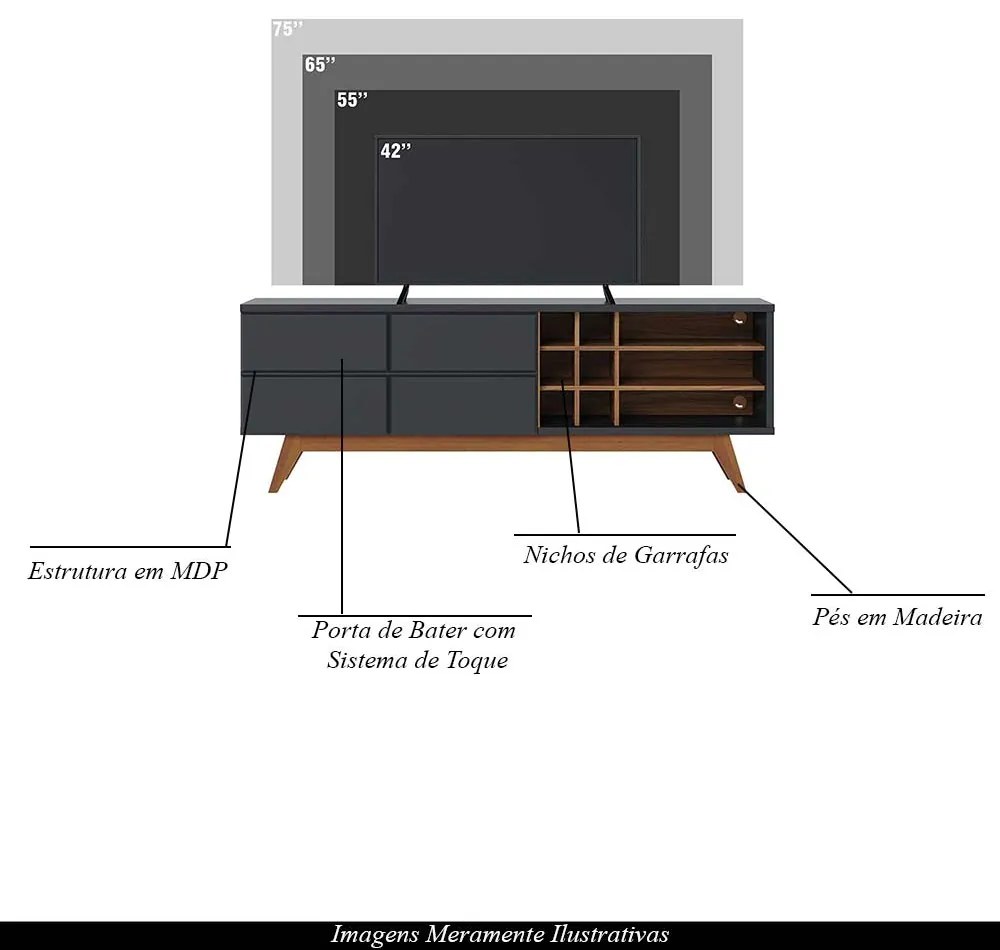 Rack Bancada Decorativa 180cm Sancho Preto/Noce G73 - Gran Belo