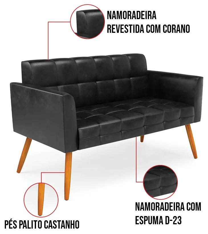 Kit 1 Sofá Namoradeira e 1 Poltrona Elisa Corano Pés Palito Castanho D03 - D'Rossi - Preto