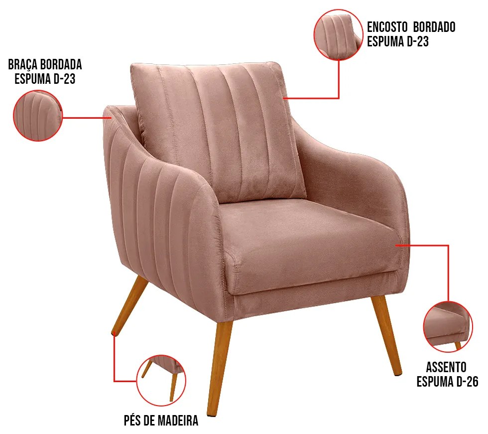 Poltrona Salem Veludo Pés Palito Castanho K01 - D'Rossi - Rose