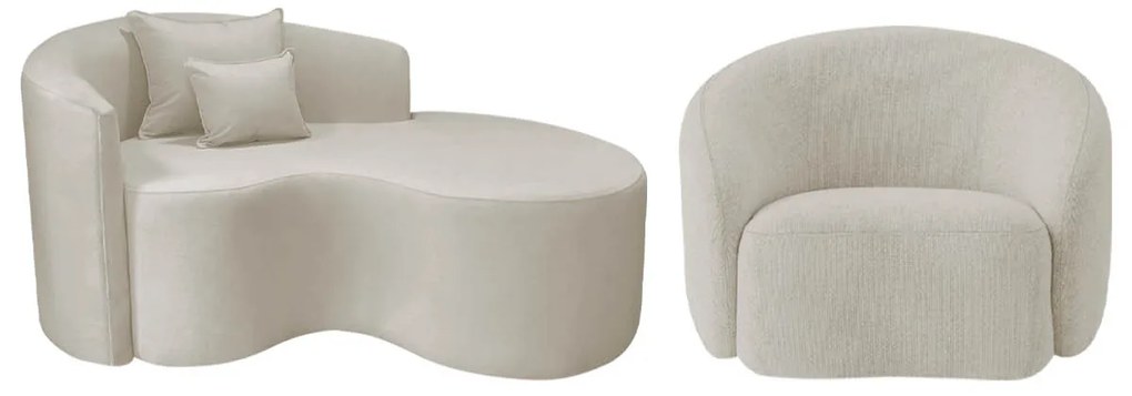 Kit Recamier Curvo Sala de Estar Inglaterra 150cm Lado Direito e Poltrona Orgânica Luxo Amore Linho