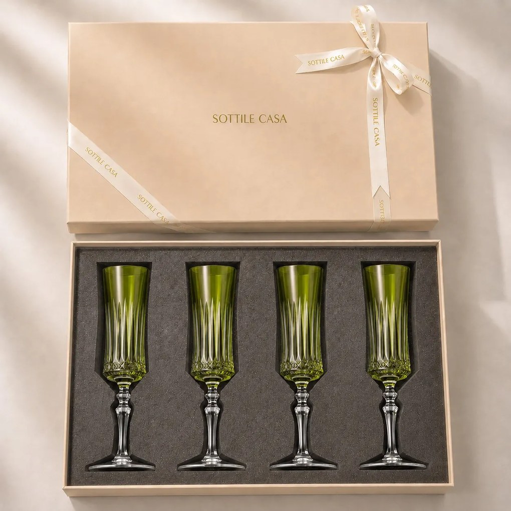 Kit 4 Taças de Cristal Flauta Lapidado 66 p/ Champanhe c/ Caixa de Presente - Verde Claro Verde Claro