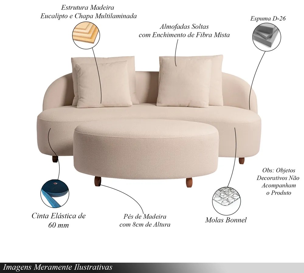 Sofá Living Sala de Estar Rocca 212cm com Puff Pés Madeira Linho Rústico Nude G92 - Gran Belo