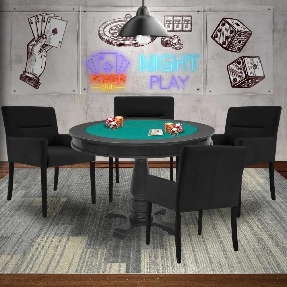 Mesa de Jogos Carteado Victoria Redonda Tampo Reversível Preto com 4 Cadeiras Vicenza Suede Preto Fosco G36 G15 - Gran Belo