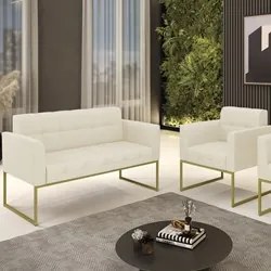 Sofá Namoradeira e 1 Poltrona Base Industrial Dourado Ana Linho Bege -