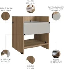 Mesa de Cabeceira 40cm com 1 Gaveta Freyr Mel/Arenas F10 - Mpozenato