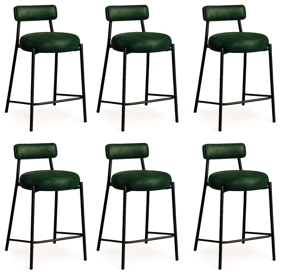 Banqueta Cozinha Alta com Encosto Industrial Preto Kit 6 Londres PU D03 - D'Rossi - Verde