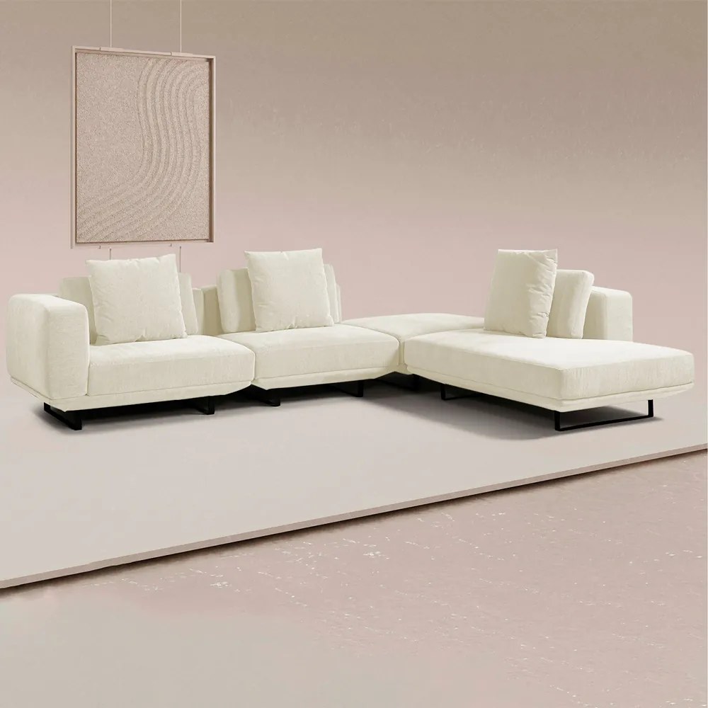 Sofá Modulado Sala de Estar Carmen 592cm Pés de Ferro Linho Rústico Off White G92 - Gran Belo