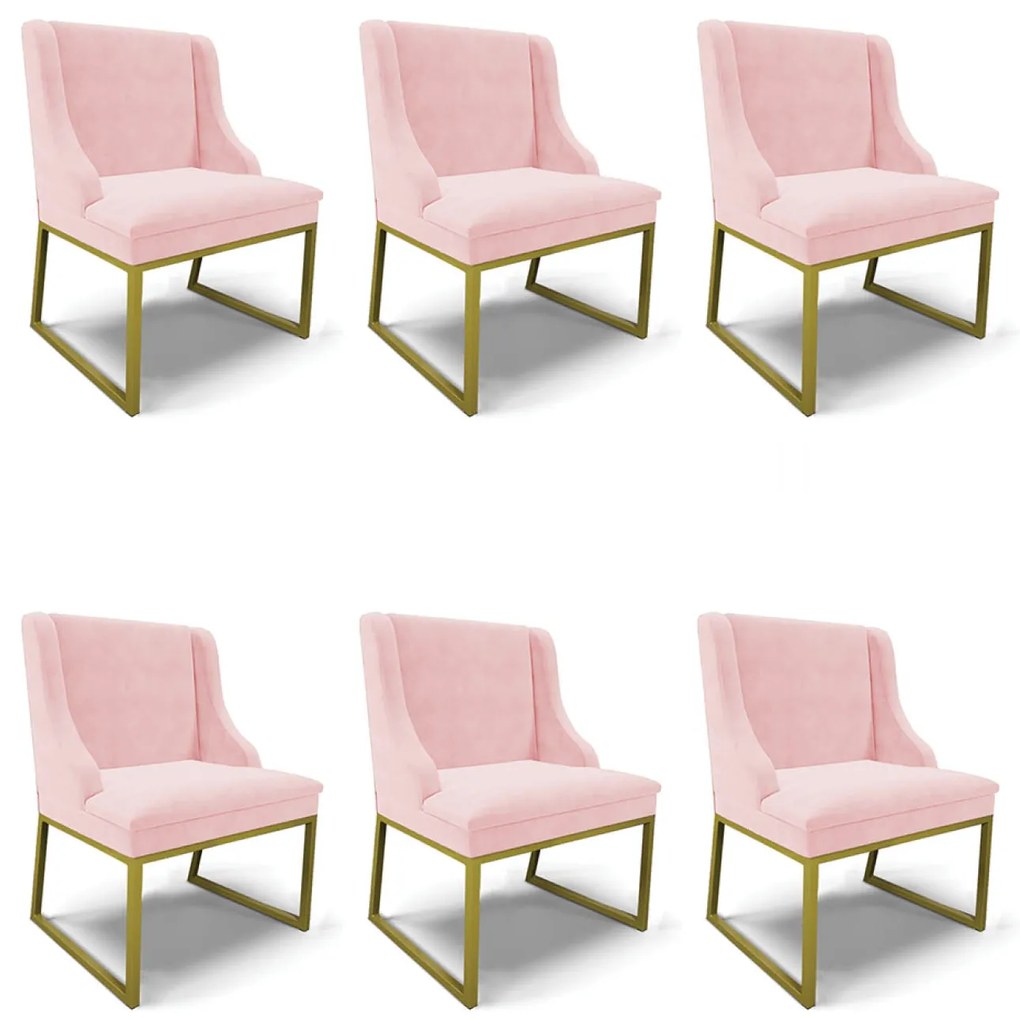 Cadeira Sala de Jantar Industrial Dourado Kit 6 Liz Suede D03 - D'Rossi - Rosa Bebê