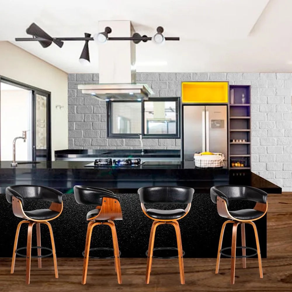Banqueta para Cozinha Giratória Brenna Base Madeira PU Sintético Preto G56 - Gran Belo