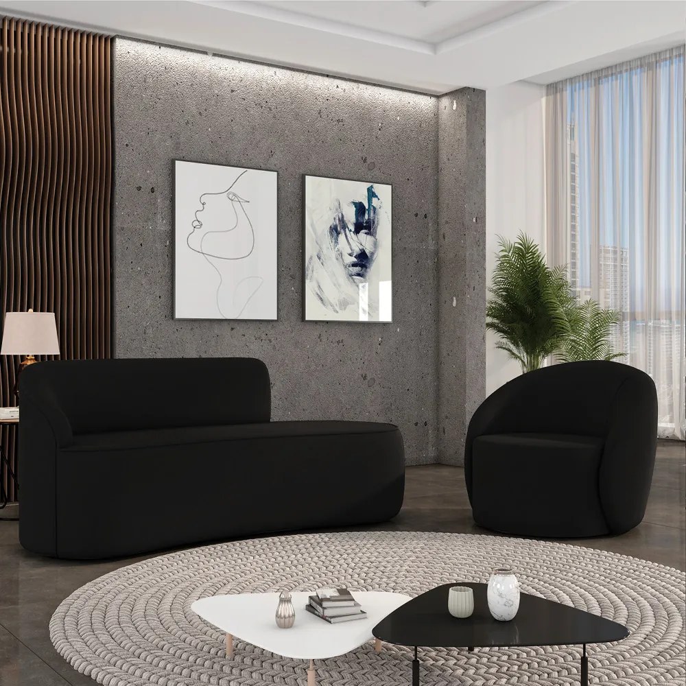 Sofá 2 Lugares Orgânico 140cm Morgan e Poltrona Lua Suede D03 - D'Rossi - Preto