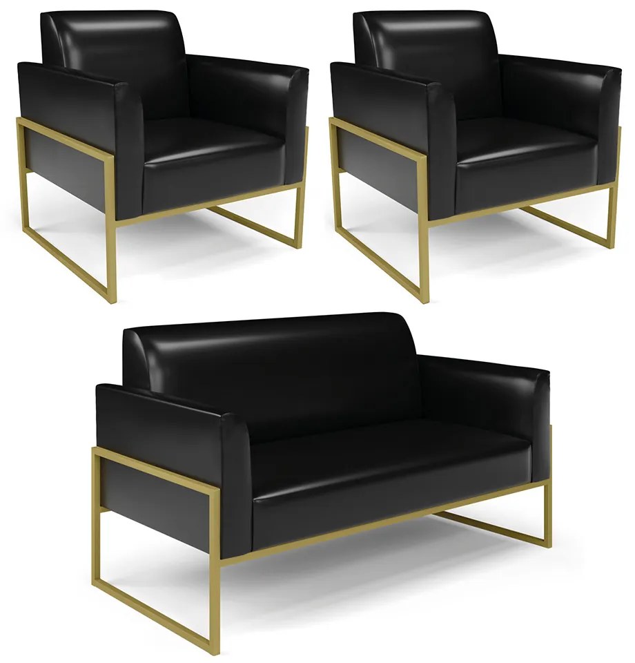 Sofá Namoradeira com 2 Poltronas Base Industrial Alta Dourado Marisa Corano D03 - D'Rossi - Preto