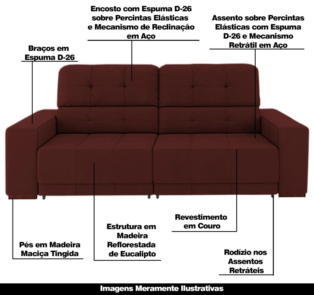 Sofá Sala de Estar Retrátil e Reclinável 3 Lugares Lisboa 230cm Couro Vermelho G58 - Gran Belo