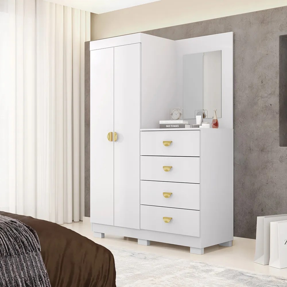 Cômoda Roupeiro Allure 2 Portas 4 Gavetas e Espelho Frontal e Rodapé Flex Branco/Terracota G98 - Gran Belo