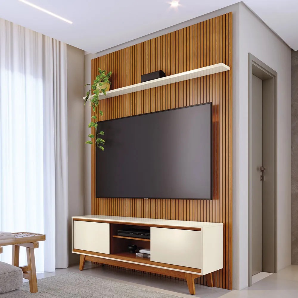 Conjunto Painel com Bancada Cesar 2 Portas Deslizantes 2 Prateleiras MDP até 65 Cinamomo/OffWhite G97 - Gran Belo