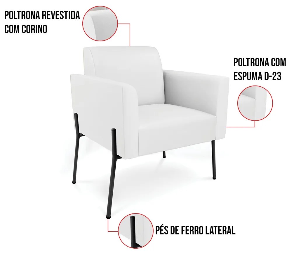 Poltrona Pé de Ferro Preto Kit 2 para Recepção Marisa Corino D03 - D'Rossi - Branco