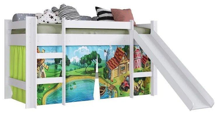 Cama Infantil Elevada com Escorregador Cortina Fazendinha