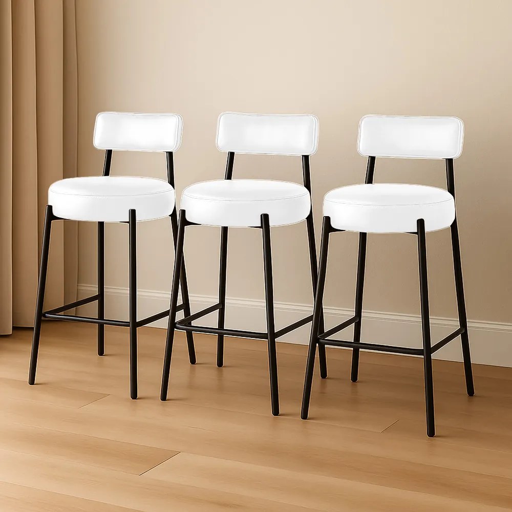 Banqueta Cozinha Alta com Encosto Industrial Preto Kit 3 Londres PU D03 - D'Rossi - Branco