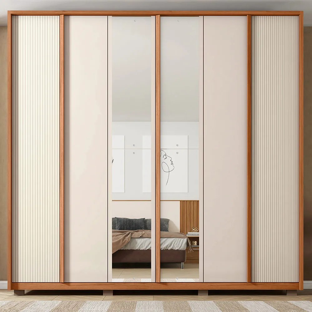 Guarda Roupa Santi Ripado com 6 Portas e 2 Espelhos 4 Gavetas em MDF Freijo/OffWhite G11 - Gran Belo